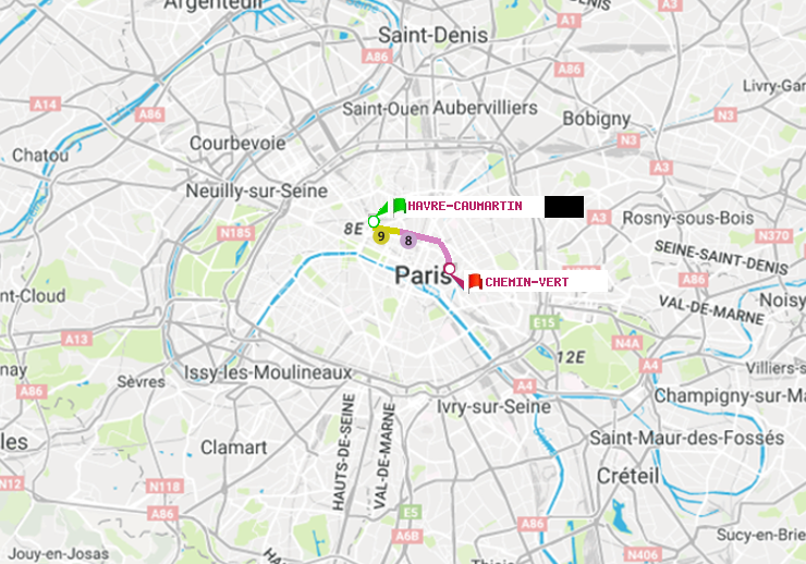 plan itinéraire ratp de Havre-Caumartin à Chemin Vert