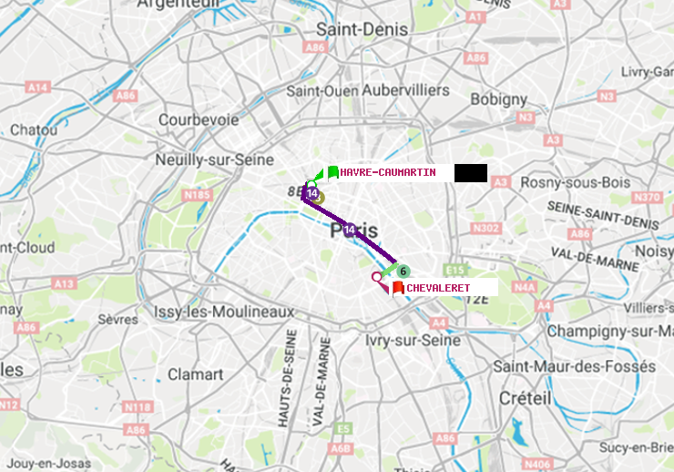 plan itinéraire ratp de Havre-Caumartin à Chevaleret