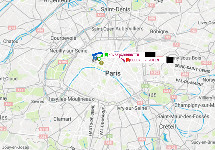 plan itinéraire ratp de Havre-Caumartin à Colonel Fabien