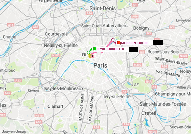 plan itinéraire ratp de Havre-Caumartin à Corentin-Cariou