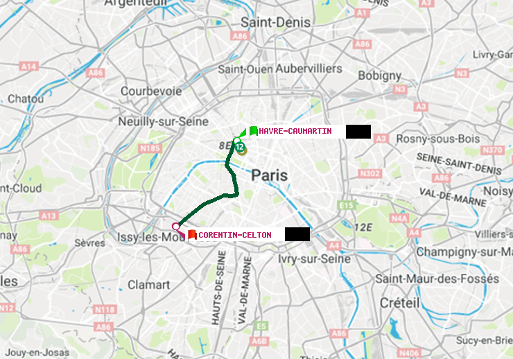 plan itinéraire ratp de Havre-Caumartin à Corentin-Celton