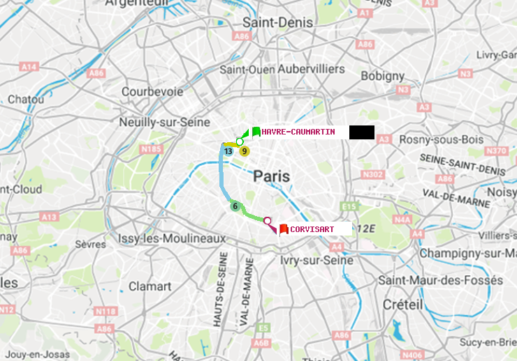 plan itinéraire ratp de Havre-Caumartin à Corvisart