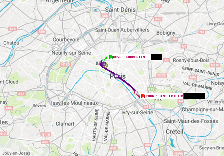 plan itinéraire ratp de Havre-Caumartin à Cour Saint-Emilion
