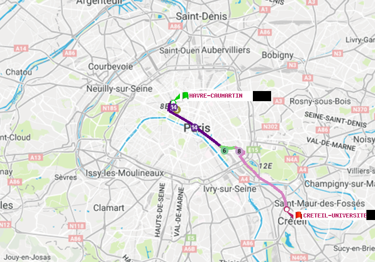 plan itinéraire ratp de Havre-Caumartin à Créteil-Université