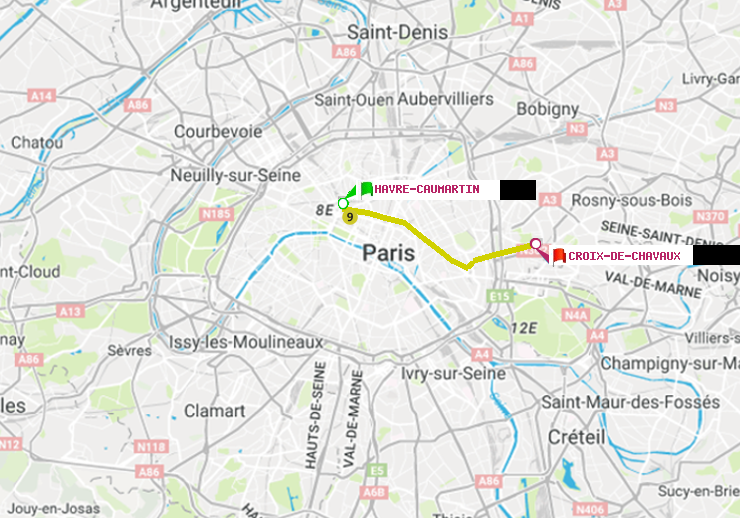 plan itinéraire ratp de Havre-Caumartin à Croix-de-Chavaux (Jacques Duclos)