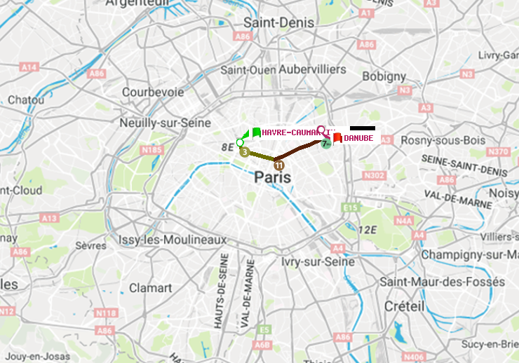 plan itinéraire ratp de Havre-Caumartin à Danube