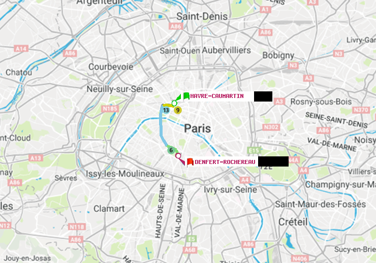 plan itinéraire ratp de Havre-Caumartin à Denfert-Rochereau