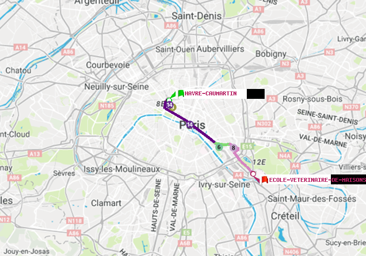 plan itinéraire ratp de Havre-Caumartin à Ecole Vétérinaire de Maisons-Alfort