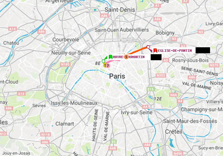 plan itinéraire ratp de Havre-Caumartin à Eglise de Pantin