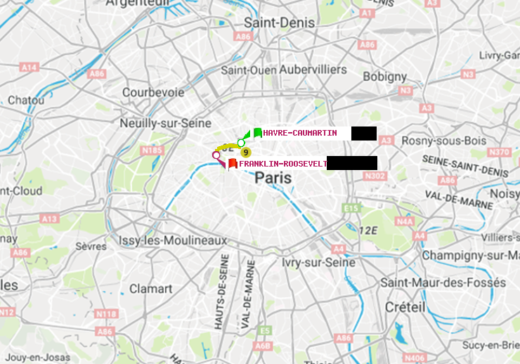 plan itinéraire ratp de Havre-Caumartin à Franklin-Roosevelt