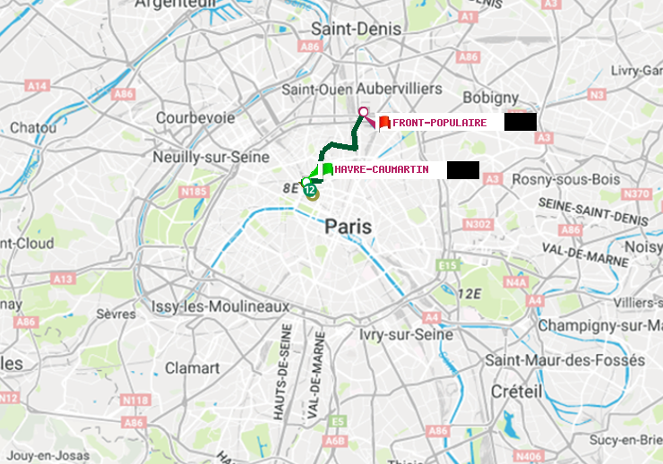 plan itinéraire ratp de Havre-Caumartin à Front Populaire