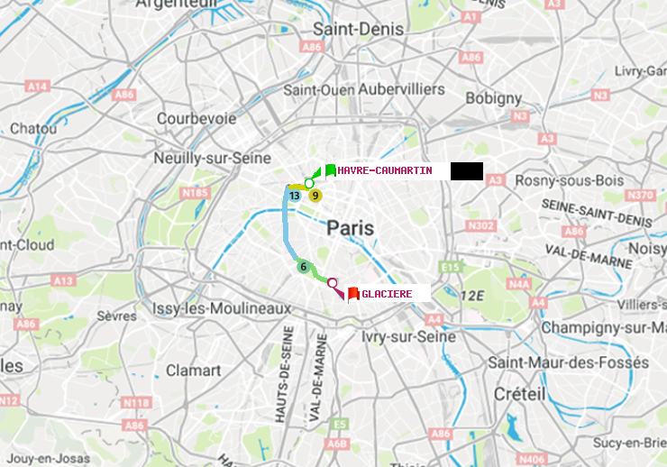 plan itinéraire ratp de Havre-Caumartin à Glacière
