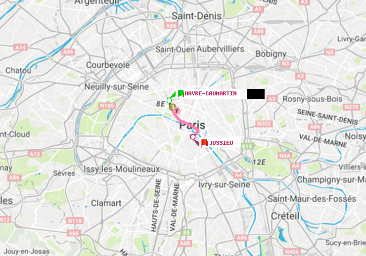 plan itinéraire ratp de Havre-Caumartin à Jussieu