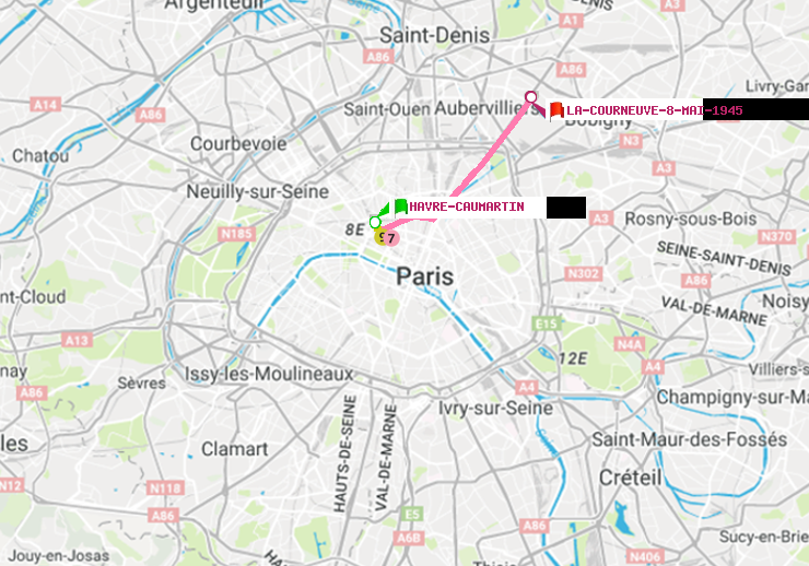 plan itinéraire ratp de Havre-Caumartin à La Courneuve-8-Mai-1945