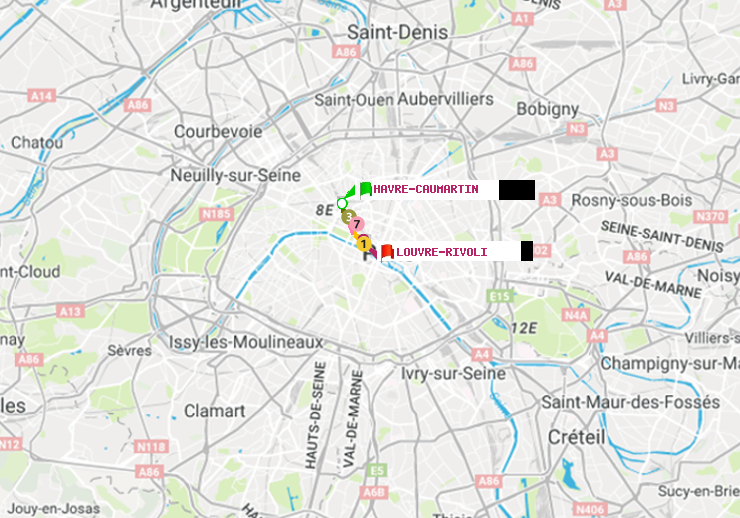 plan itinéraire ratp de Havre-Caumartin à Louvre-Rivoli