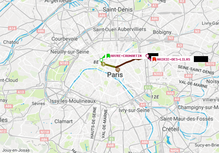 plan itinéraire ratp de Havre-Caumartin à Mairie des Lilas
