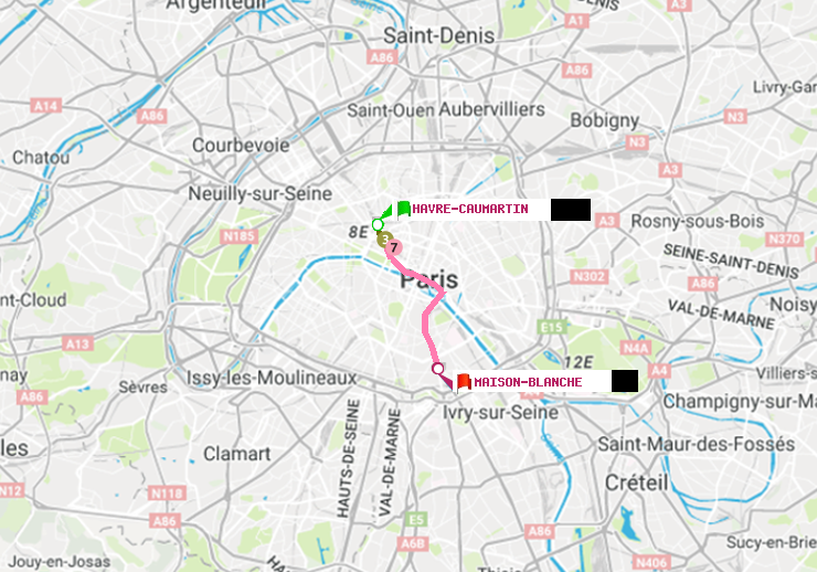 plan itinéraire ratp de Havre-Caumartin à Maison Blanche