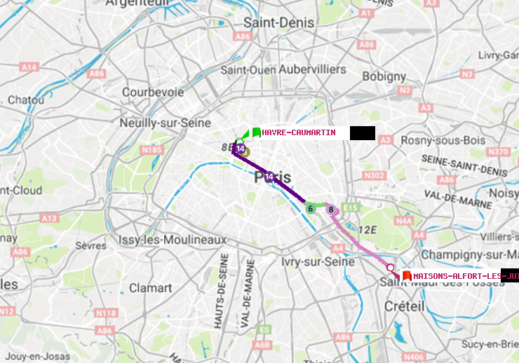 plan itinéraire ratp de Havre-Caumartin à Maisons-Alfort-Les Juilliottes