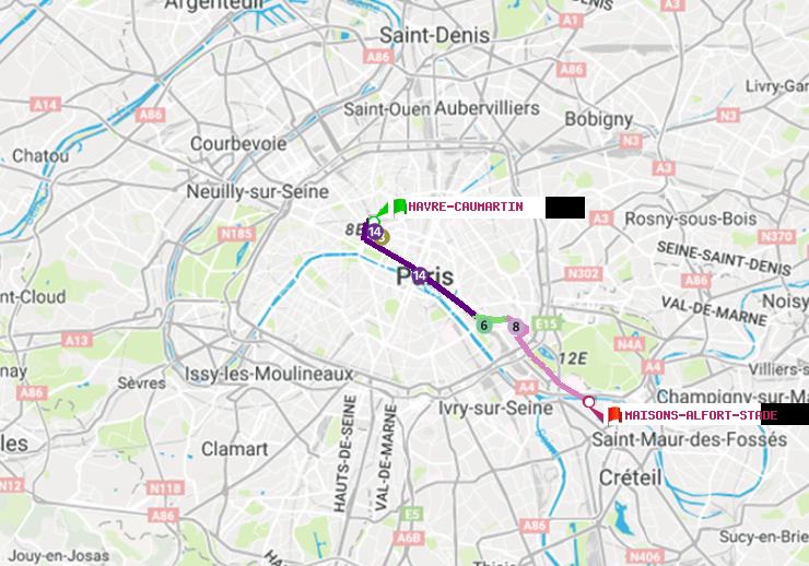 plan itinéraire ratp de Havre-Caumartin à Maisons-Alfort-Stade