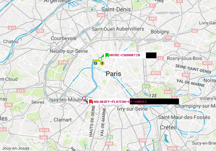 plan itinéraire ratp de Havre-Caumartin à Malakoff-Plateau de Vanves