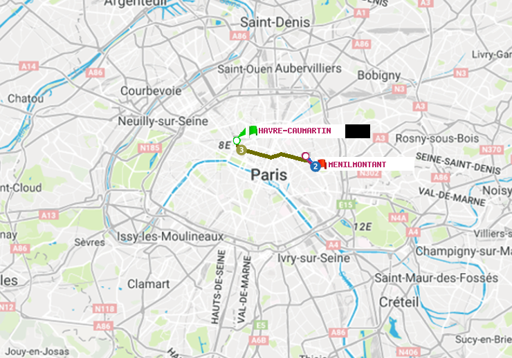 plan itinéraire ratp de Havre-Caumartin à Ménilmontant