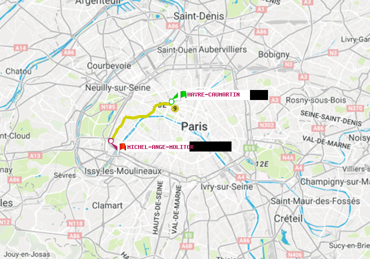 plan itinéraire ratp de Havre-Caumartin à Michel-Ange-Molitor