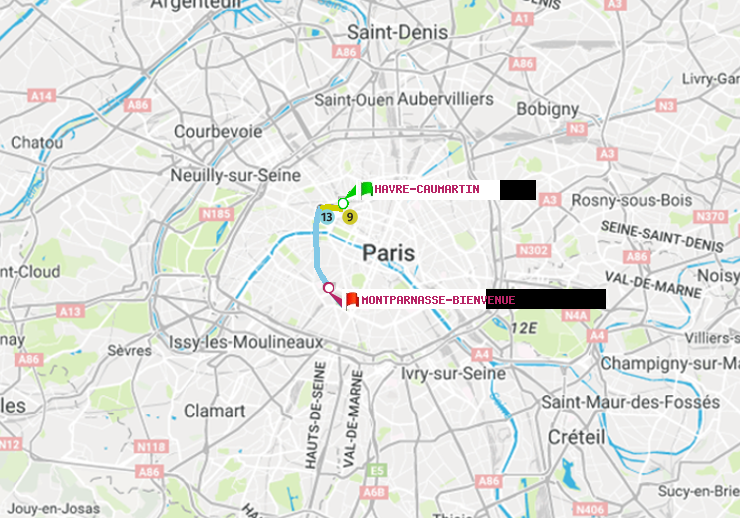 plan itinéraire ratp de Havre-Caumartin à Montparnasse-Bienvenue