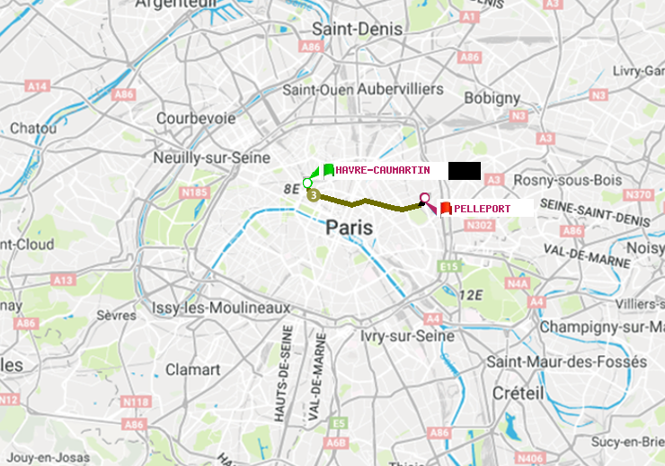 plan itinéraire ratp de Havre-Caumartin à Pelleport