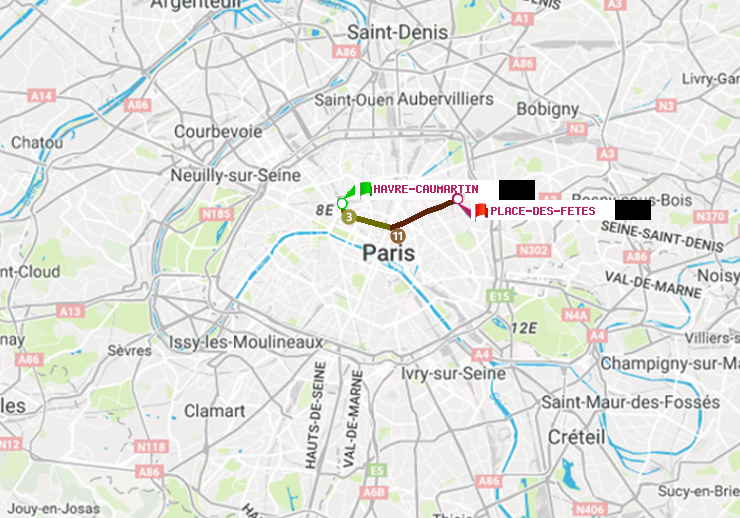 plan itinéraire ratp de Havre-Caumartin à Place des Fêtes