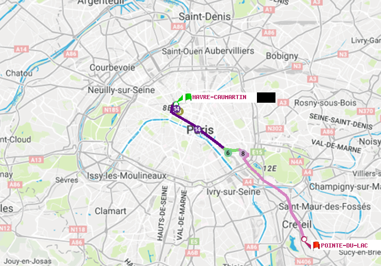 plan itinéraire ratp de Havre-Caumartin à Pointe du Lac