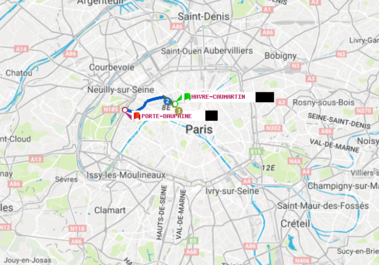 plan itinéraire ratp de Havre-Caumartin à Porte Dauphine (Maréchal de Lattre de Tassigny)
