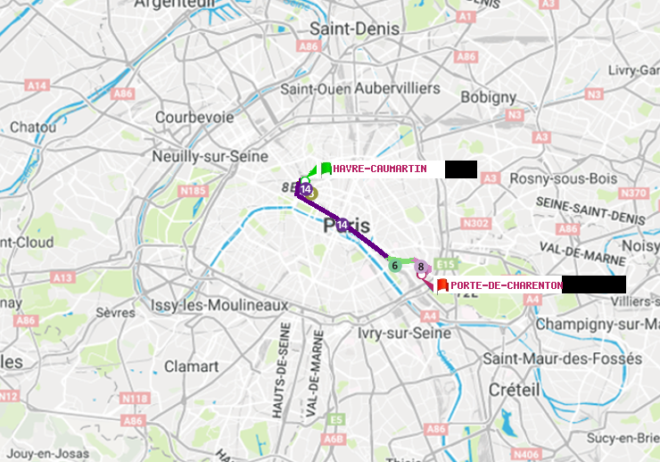 plan itinéraire ratp de Havre-Caumartin à Porte de Charenton