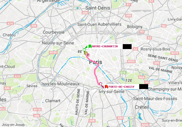 plan itinéraire ratp de Havre-Caumartin à Porte de Choisy