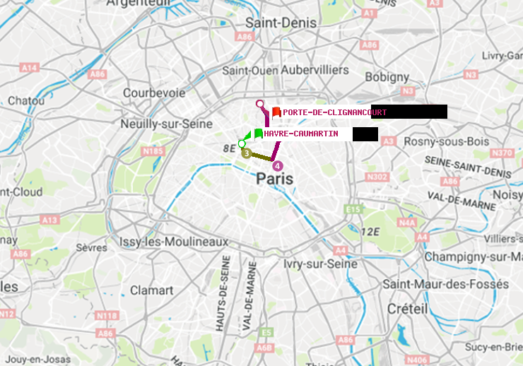 plan itinéraire ratp de Havre-Caumartin à Porte de Clignancourt