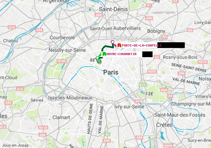 plan itinéraire ratp de Havre-Caumartin à Porte de la Chapelle