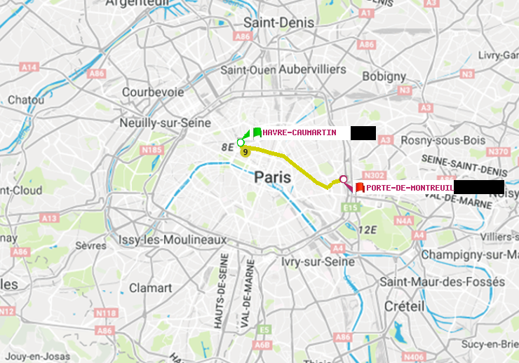 plan itinéraire ratp de Havre-Caumartin à Porte de Montreuil