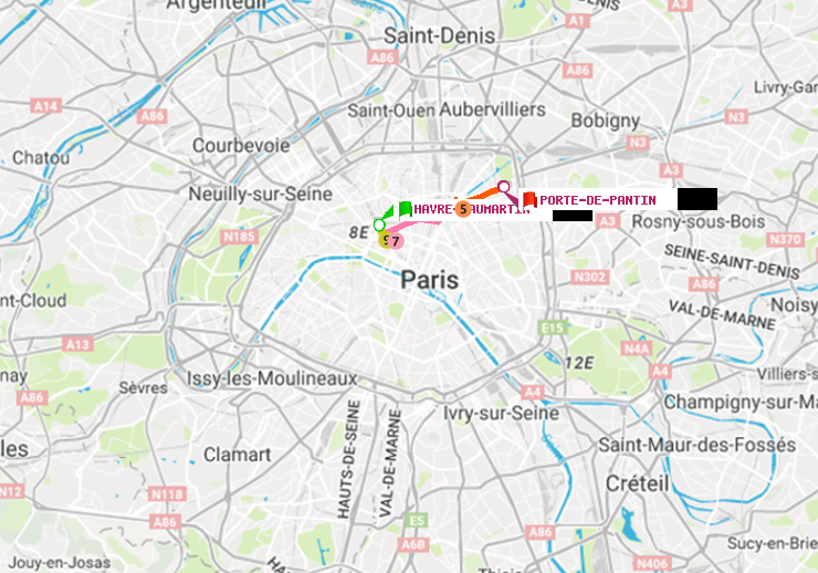 plan itinéraire ratp de Havre-Caumartin à Porte de Pantin