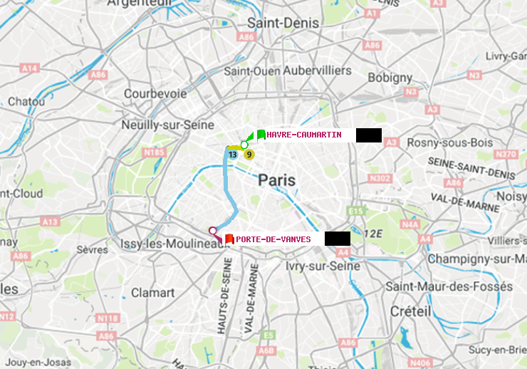 plan itinéraire ratp de Havre-Caumartin à Porte de Vanves