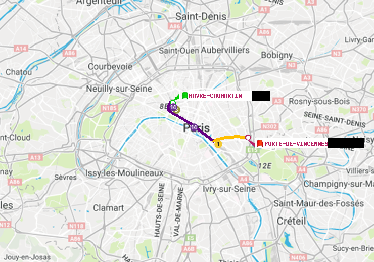 plan itinéraire ratp de Havre-Caumartin à Porte de Vincennes