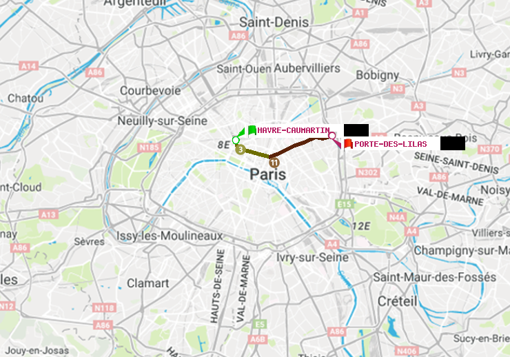 plan itinéraire ratp de Havre-Caumartin à Porte des Lilas