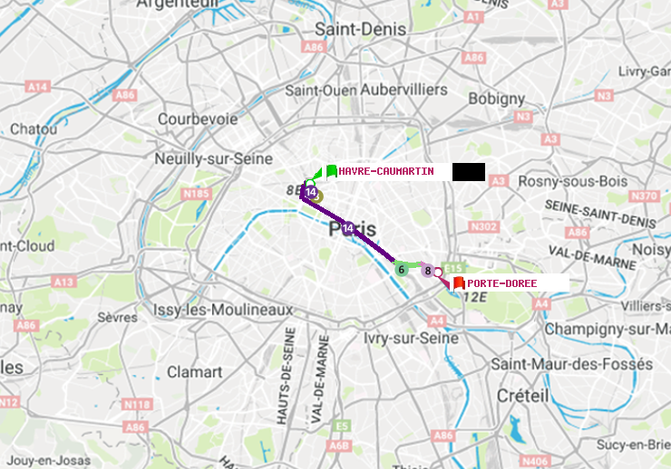 plan itinéraire ratp de Havre-Caumartin à Porte Dorée