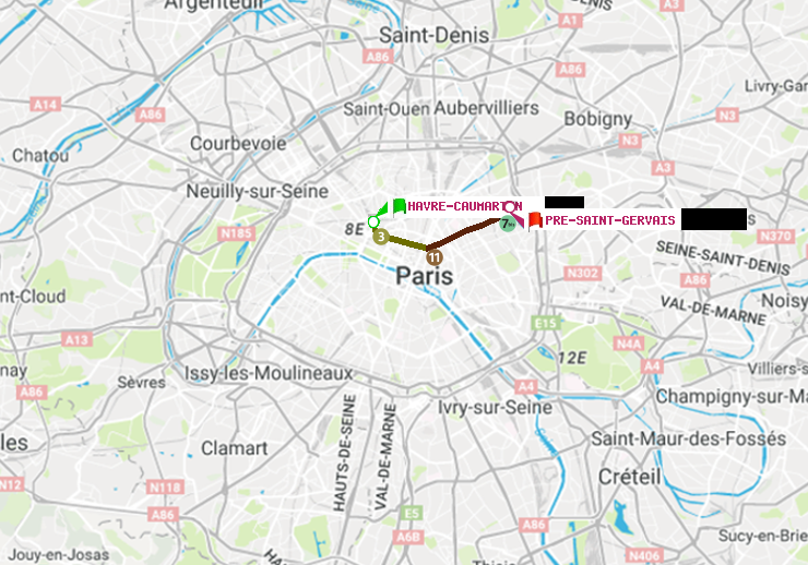 plan itinéraire ratp de Havre-Caumartin à Pré-Saint-Gervais