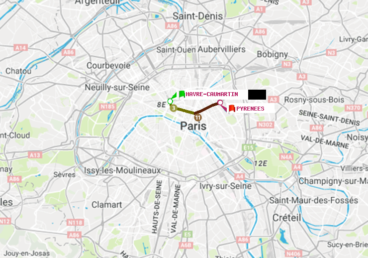 plan itinéraire ratp de Havre-Caumartin à Pyrenees