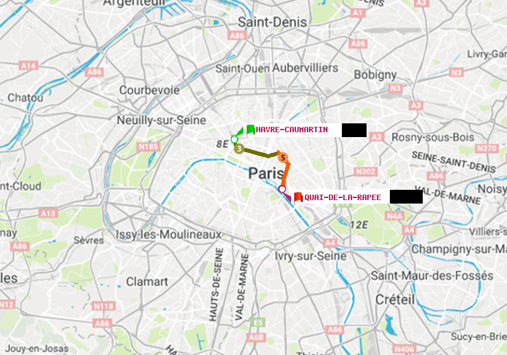 plan itinéraire ratp de Havre-Caumartin à Quai de la Rapée