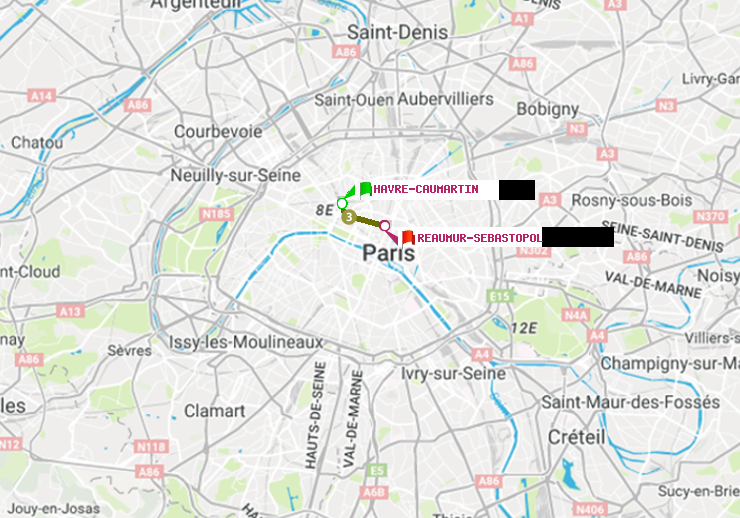 plan itinéraire ratp de Havre-Caumartin à Réaumur-Sébastopol