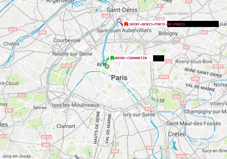 plan itinéraire ratp de Havre-Caumartin à Saint-Denis-Porte de Paris