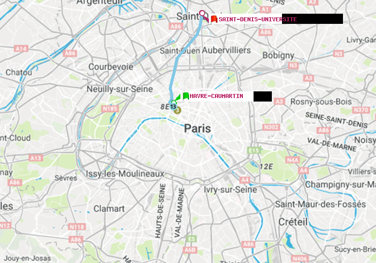 plan itinéraire ratp de Havre-Caumartin à Saint-Denis-Universite
