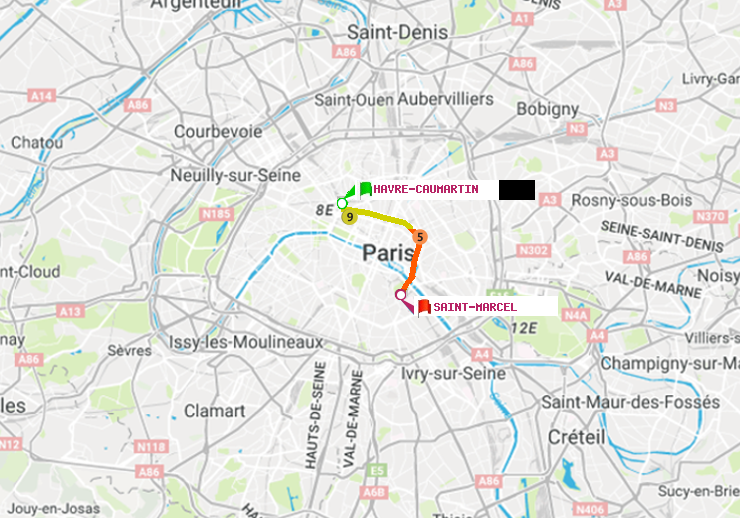 plan itinéraire ratp de Havre-Caumartin à Saint-Marcel