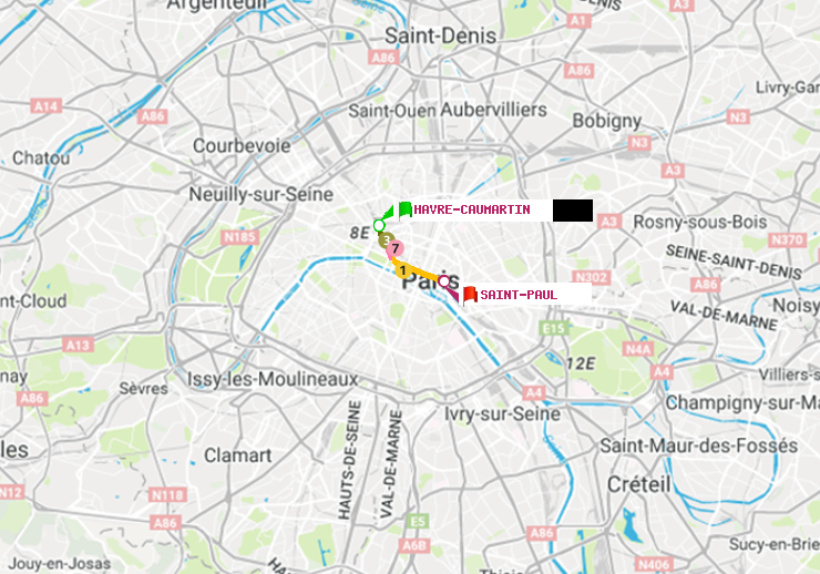 plan itinéraire ratp de Havre-Caumartin à Saint-Paul (Le Marais)