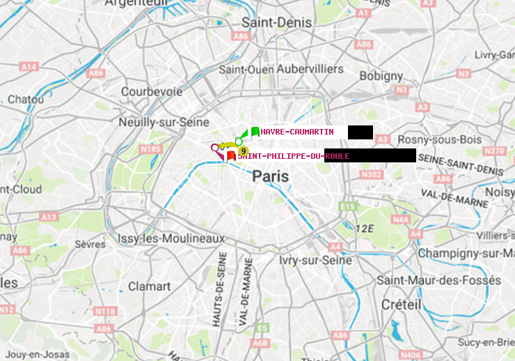 plan itinéraire ratp de Havre-Caumartin à Saint-Philippe du Roule